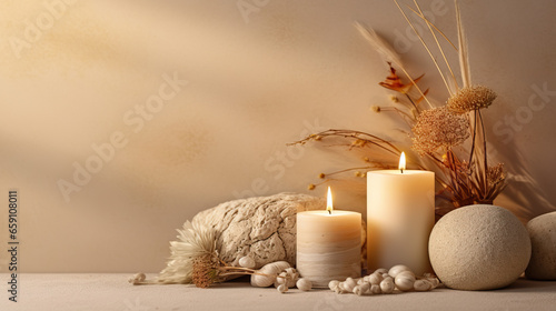 Burning candle on beige background. Warm aesthetic composition with stones and dry flowers. Home comfort, spa, relax and wellness concept. Interior decoration photo