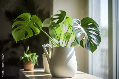 Watering jug and monstera leaf houseplants. Generative AI