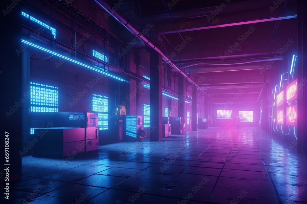 Futuristic glowing neon lights in a purple-blue synthwave warehouse with rough concrete tiles and a cyber sci-fi vibe. Generative AI