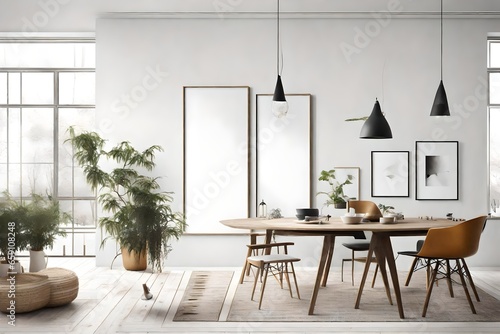 The essence of Scandi-style comes alive within a hipster interior backdrop. A mock-up poster frame  embodying the clean lines and simplicity of Scandinavian design  stands as a focal point