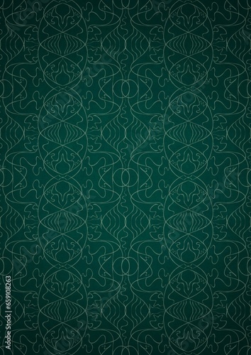 Hand-drawn unique abstract symmetrical seamless ornament. Bright green on a deep cold green with vignette of a darker background color. Paper texture. Digital artwork, A4. (pattern: p02-1e)