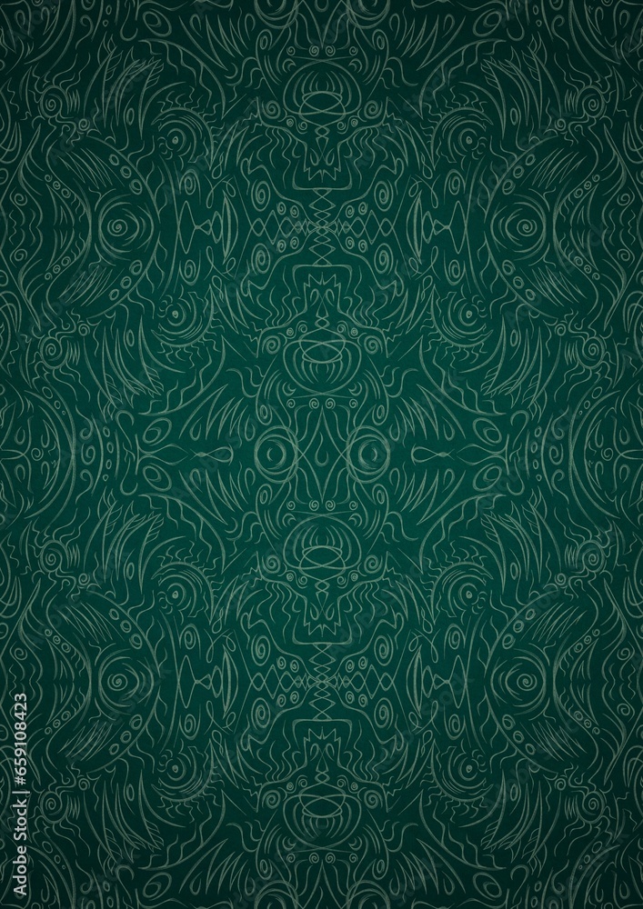 Hand-drawn unique abstract symmetrical seamless ornament. Bright green on a deep cold green with vignette of a darker background color. Paper texture. Digital artwork, A4. (pattern: p03d) Hand-drawn unique abstract symmetrical seamless ornament. Bright green on a deep cold green with vignette of a darker background color. Paper texture. Digital artwork, A4. (pattern: p03d)