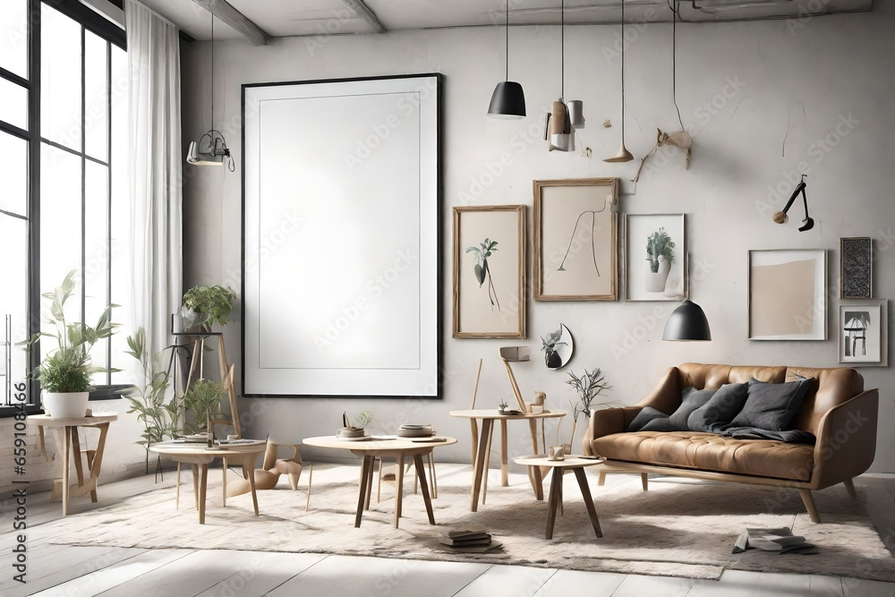 The essence of Scandi-style comes alive within a hipster interior backdrop. A mock-up poster frame, embodying the clean lines and simplicity of Scandinavian design, stands as a focal point The essence of Scandi-style comes alive within a hipster interior backdrop. A mock-up poster frame, embodying the clean lines and simplicity of Scandinavian design, stands as a focal point