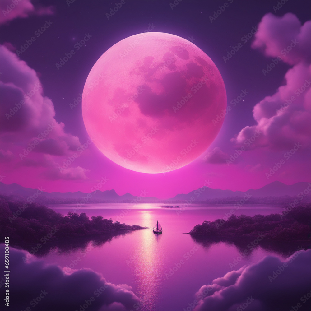 a pink moon shines through the clouds and at night, in the style of light purple and light amber, pop inspo, ahmed morsi, sailor moon, transcendental dreaming, sudersan pattnaik, generative AI a pink moon shines through the clouds and at night, in the style of light purple and light amber, pop inspo, ahmed morsi, sailor moon, transcendental dreaming, sudersan pattnaik, generative AI