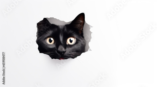 Cat looking up in paper side torn hole, isolated on white background