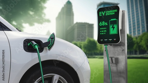 Electric car plug in with charging station to recharge battery with electricity by EV charger cable in eco green city park. Future innovative EV car using alternative clean energy reducing CO2. Peruse