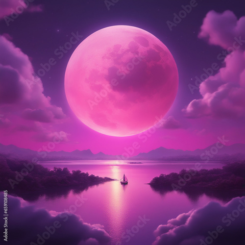 a pink moon shines through the clouds and at night, in the style of light purple and light amber, pop inspo, ahmed morsi, sailor moon, transcendental dreaming, sudersan pattnaik, generative AI © Acun Alvarez