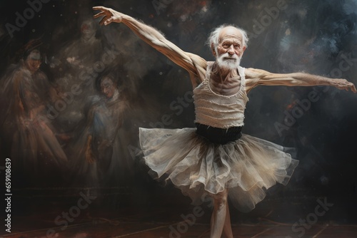 Graceful Ballerina old man theater stage. Elegance tutu. Generate Ai photo