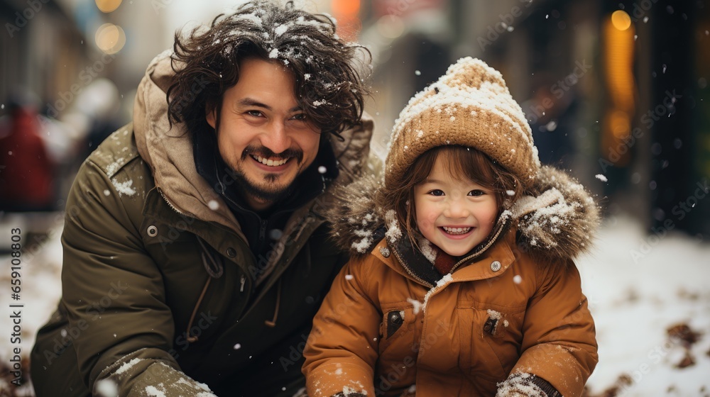 Father with long hair, and child, playing in the snow, a man with a joyful smile, snow-dusted hat share a close moment, surrounded by a snowy urban environment, warmth, happiness of familial love