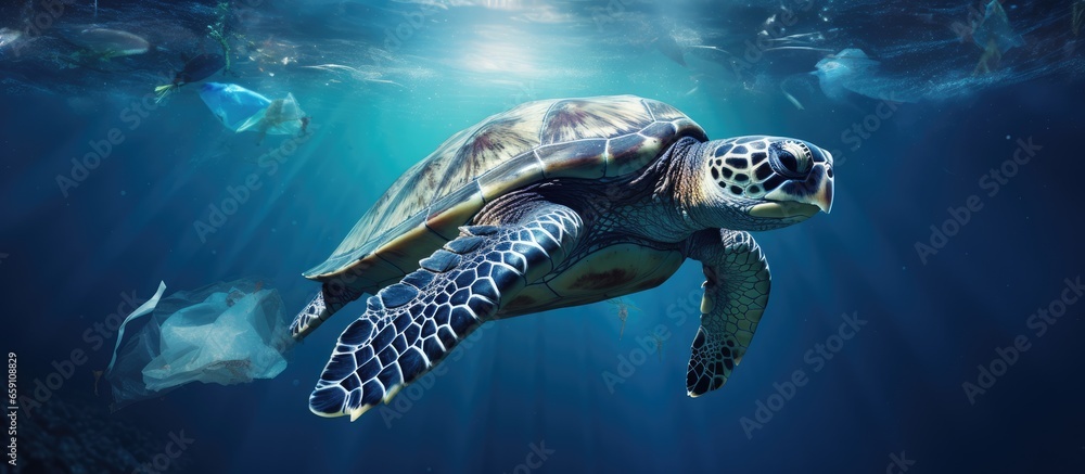 Fototapeta premium Hope for saving the world through a conceptual artwork showcasing a turtle filled with garbage and plastic waste in a polluted ocean highlighting environmental and social issues