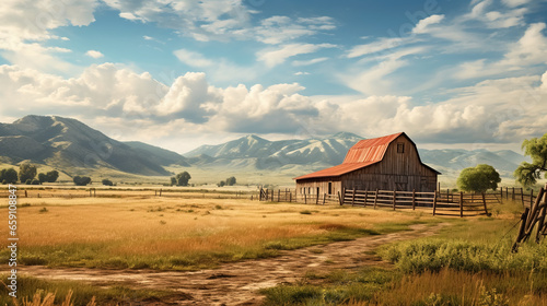 A scenic countryside landscape with an old barn by a country road.