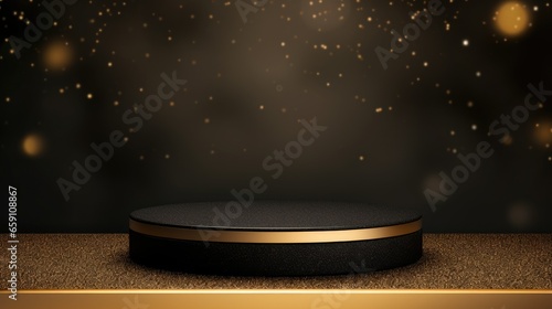 3d Black Luxury Blank Podium Product with Gold Glitter in Dark Background