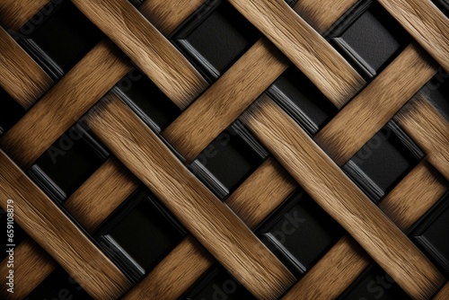 Black lattice tiles on oak background. Generative AI photo