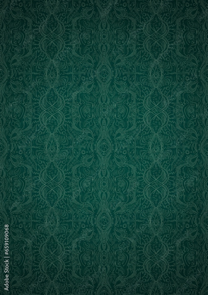 Hand-drawn unique abstract symmetrical seamless ornament. Bright green on a deep cold green with vignette of a darker background color. Paper texture. Digital artwork, A4. (pattern: p09e) Hand-drawn unique abstract symmetrical seamless ornament. Bright green on a deep cold green with vignette of a darker background color. Paper texture. Digital artwork, A4. (pattern: p09e)