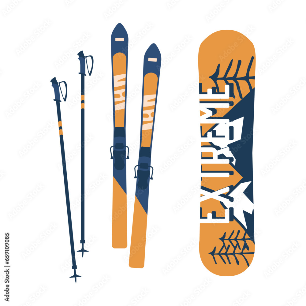 Snowboard, A Sleek, Elongated Board With Bindings For Gliding Down Snowy Slopes. Skis, Long, Narrow, And Curved Pieces - obrazy, fototapety, plakaty 