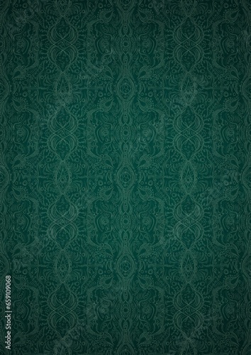 Hand-drawn unique abstract symmetrical seamless ornament. Bright green on a deep cold green with vignette of a darker background color. Paper texture. Digital artwork, A4. (pattern: p09e)