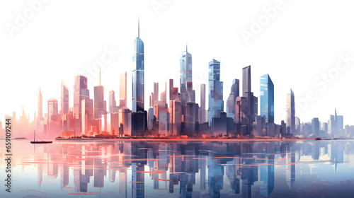 Panoramic skyline at twilight, futuristic iconic city skyline lit up at dusk, waterfront city silhouette at sunset, illustration