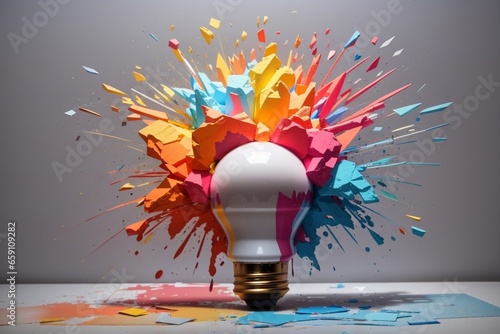 Creative light bulb explodes with colorful paint and colors. New idea, brainstorming concept