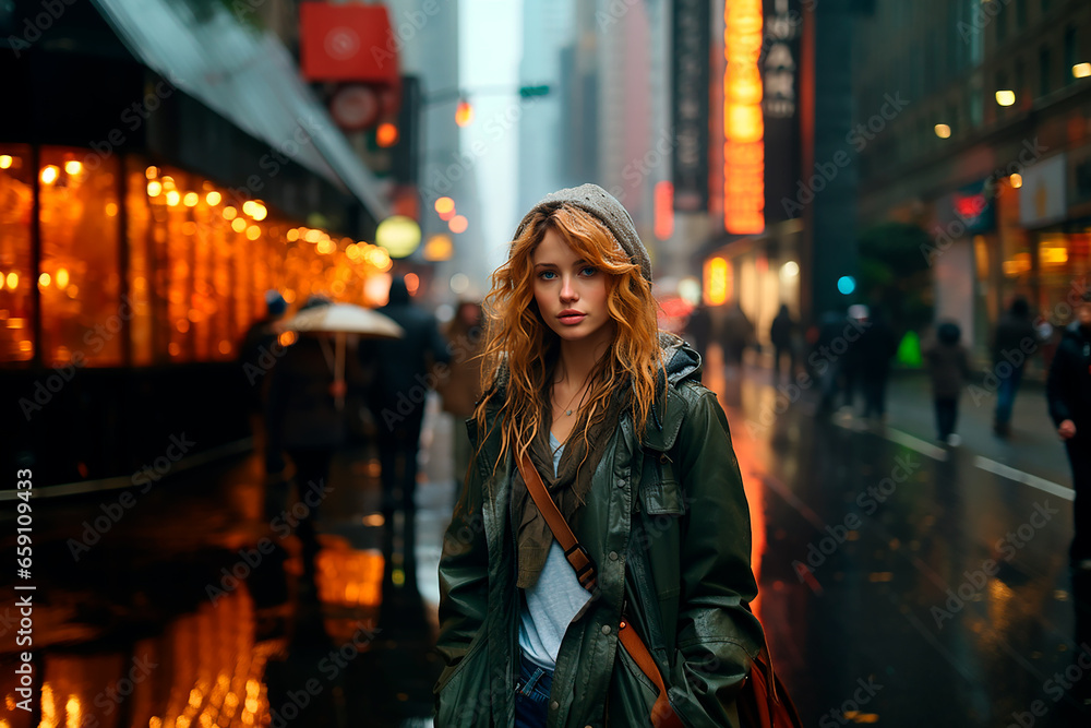 woman alone in the rain takes a walk in the city, she is sad, it's a bad day, blue monday. woman alone in the rain takes a walk in the city, she is sad, it's a bad day, blue monday.