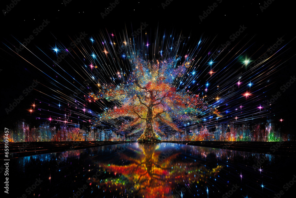 The concept of a bright tree entirely decorated with many colored lights.