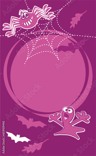 halloween party, spider, spook and bats, place for text, blank banner, purple background, vector illustration