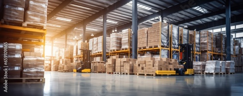 Product distribution center. Warehouse full of shelves with goods in cartons, with pallets and forklifts. Logistics and transportation blurred background. Format photo 5:2.