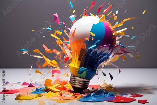 Creative light bulb explodes with colorful paint and colors. New idea, brainstorming concept