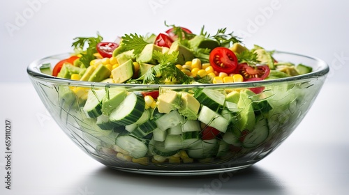  a glass bowl filled with cucumber, corn and tomatoes. generative ai