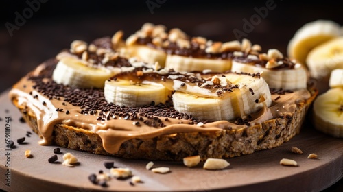  a cake with bananas and chocolate on top of a cutting board. generative ai