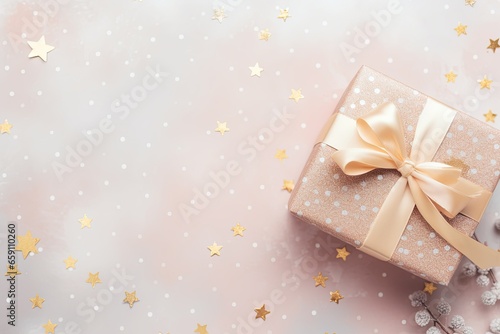 Gift box with golden bow and stars confetti on pink background. Created with Generative AI tools