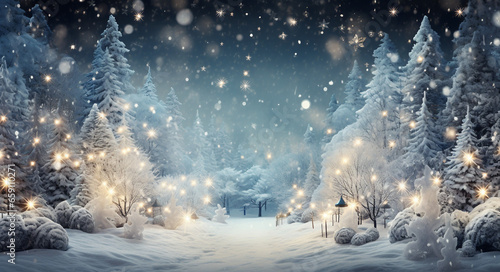 Enchanted Winter Wonderland, Vintage Christmas Forest and Snowfall in Bohemian Style