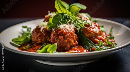  a white plate topped with meatballs covered in sauce and greens. generative ai