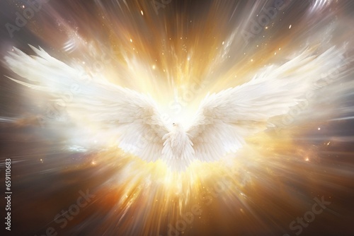 Heavenly messenger with wings, abstract white angel, belief, afterlife, spiritual presence, blessings, sky with bright light rays. Generative AI