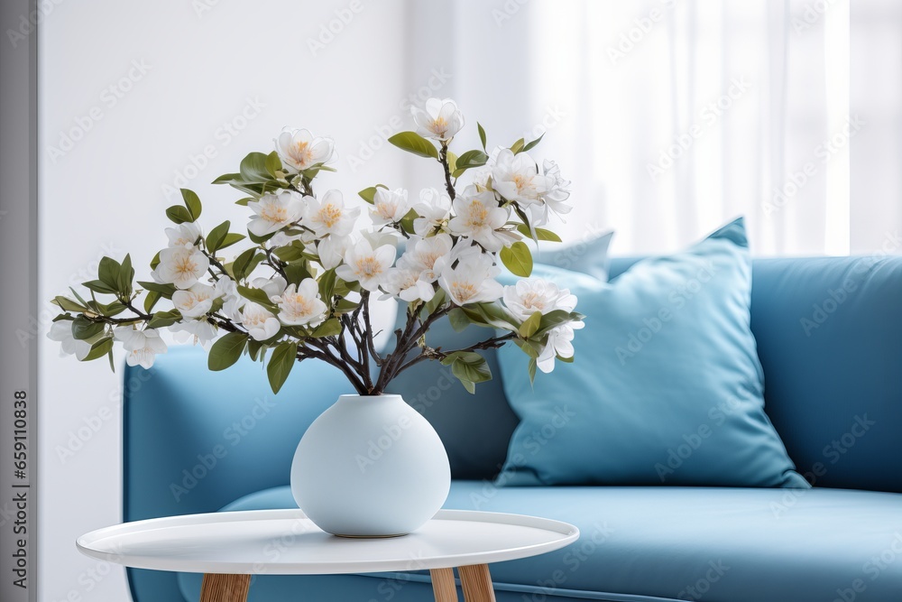 home interior design element close up freshness flower vase on coffee table in living room with background of blue bright colour sofa and pillow daylight cosy comfort home interior background