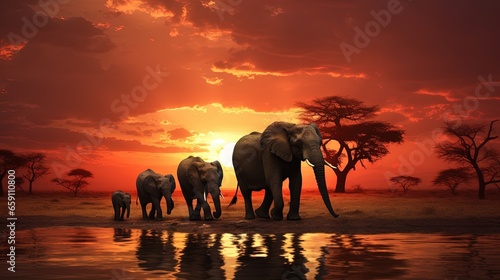 a group of elephants walking along a river under a sunset. generative ai