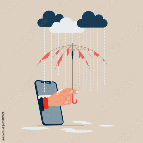 Hand human out of phone hold broken useless umbrella in the rain. Disappointment, mistake or difficulty, problems. Vector illustration. 