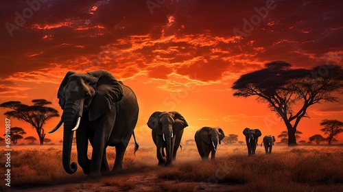  a herd of elephants walking across a dry grass covered field. generative ai