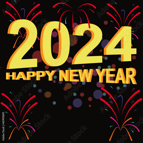 Happy new year 2024 text background with fireworks effect.