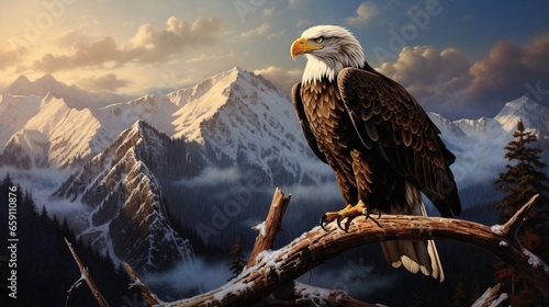  a painting of a bald eagle perched on a tree branch.  generative ai © Olga