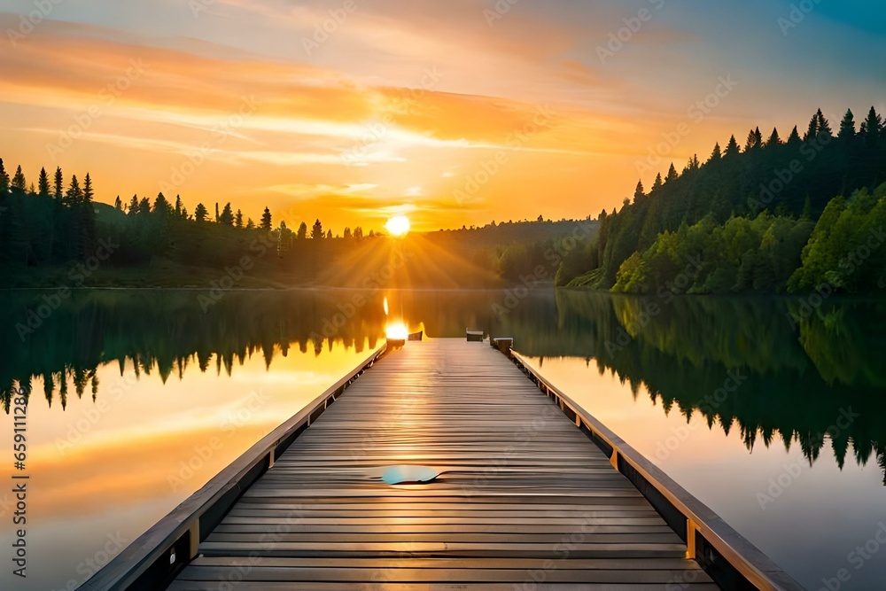 Fototapeta premium a brown wooden dock emerges in front of the calm body of water - AI Generative