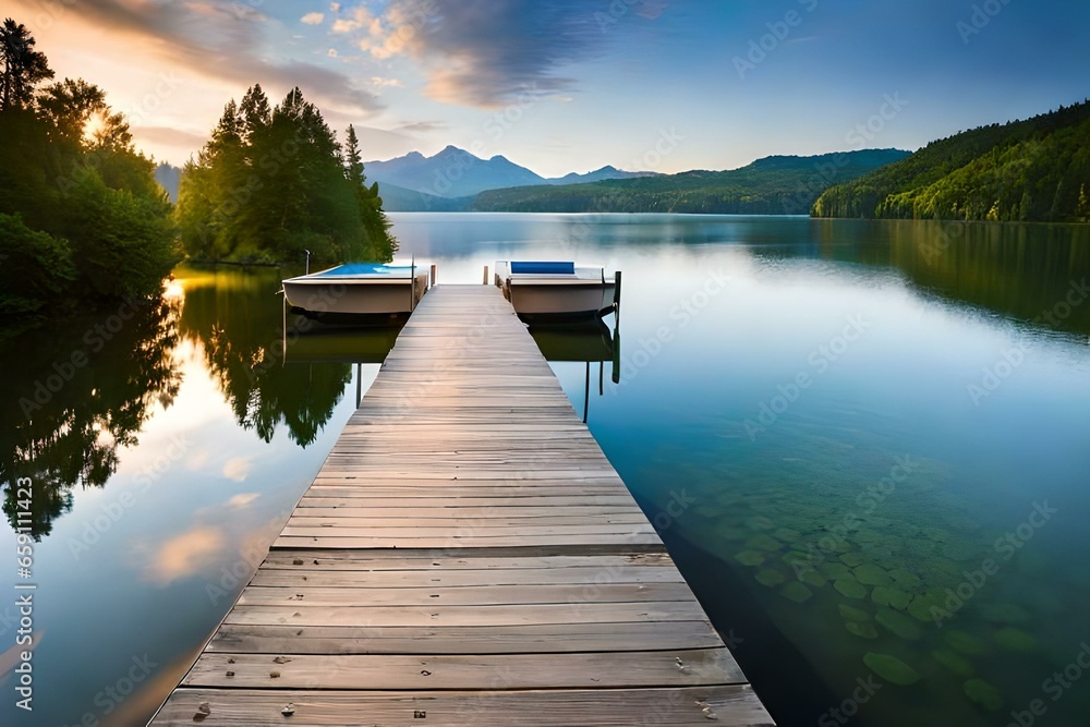 a brown wooden dock emerges in front of the calm body of water - AI Generative