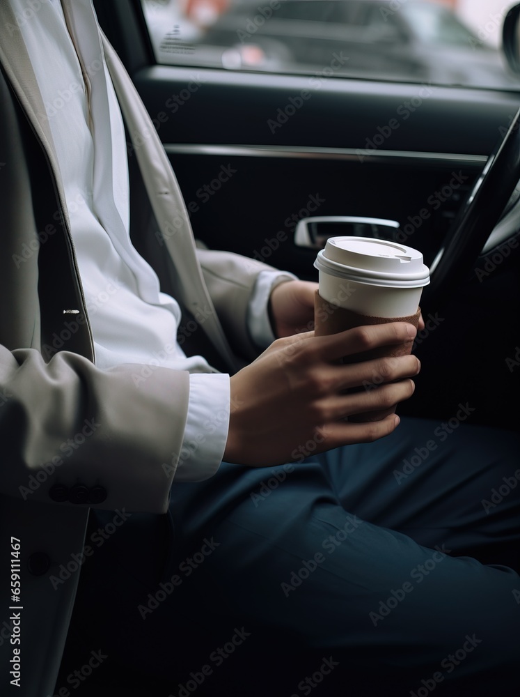 Close-up of Man's Hands Holding Coffee Inside a Car with City View.