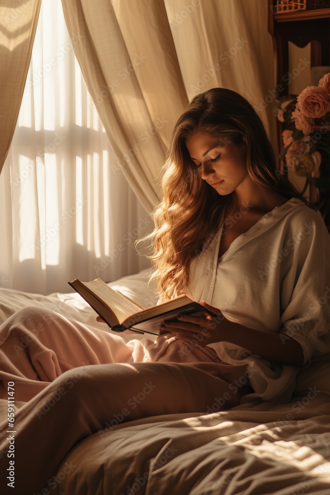 Serene Woman Reading a Book in Bed with Morning Sunlight Filtering Through Curtains. Serene Woman Reading a Book in Bed with Morning Sunlight Filtering Through Curtains.