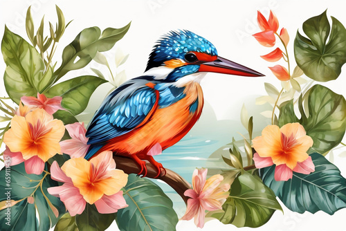 South American Kingfisher with tropical leaves and floral flower