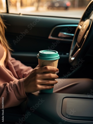 Woman in pink sweater holding a coffee cup inside a car during twilight photo