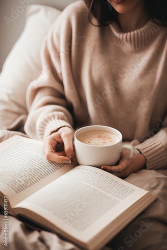 Cozy scene of a person in a soft sweater reading with a warm cup of coffee photo