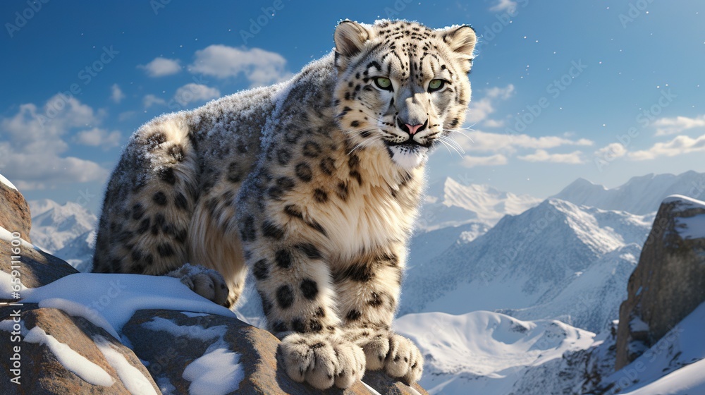  a snow leopard standing on top of a snow covered mountain.  generative ai