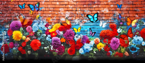 graffiti on the wall, flowers and butterfies. AI generated. 