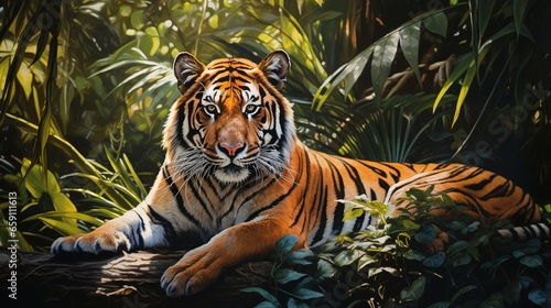  a painting of a tiger laying on a log in the jungle. generative ai