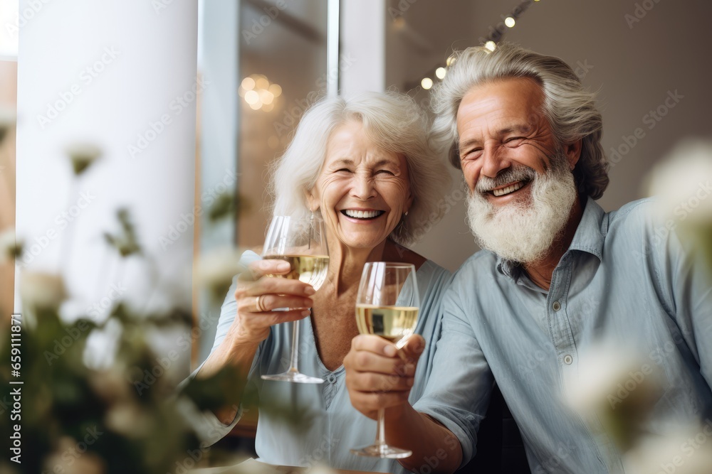Golden-age couple celebrating, toast in hand - Cheers - AI Generated Golden-age couple celebrating, toast in hand - Cheers - AI Generated